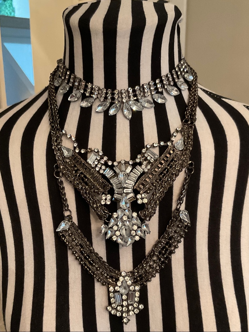 Layered Crystal Statement Necklace in Silver Bronze Tone